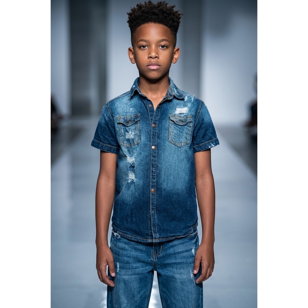 Evolution In Design Boys Distressed Denim Shirt Short Sleeve M 10-12 Grunge Y2K